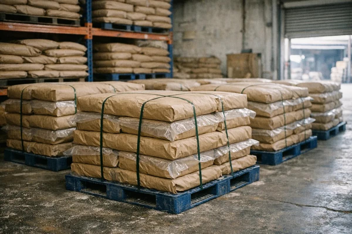 Stacked kraft bags on plastic pallets with moisture liners in a Semarang export warehouse.