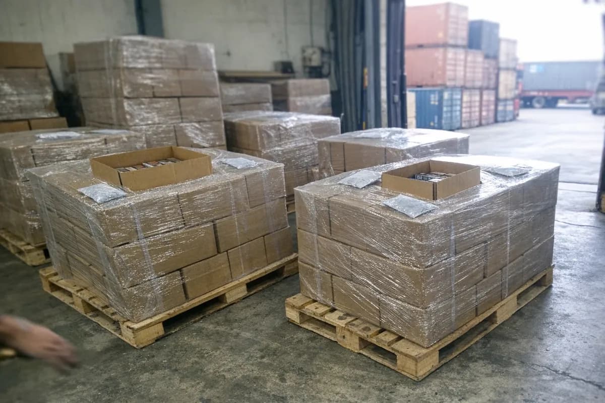 Jakarta export warehouse dock with shrink-wrapped pallets of brown master cartons and visible retail inner boxes, desiccant sachets under the film.