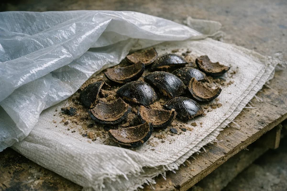 Close-up of natural coconut shell lump on a woven polypropylene bag with the moisture liner visible on a plywood packing table in Semarang.