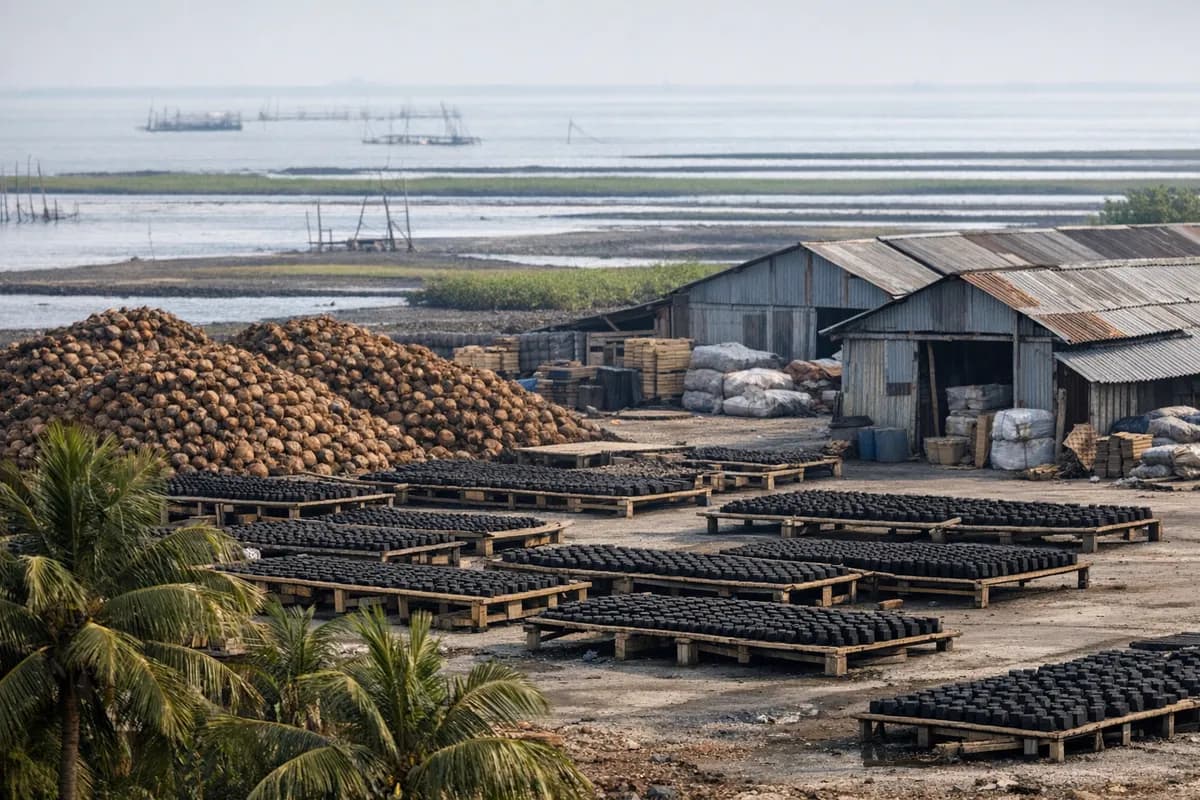 Wide coastal view of coconut palms, stacks of dried coconut shells and low packing warehouses near Semarang, Java.