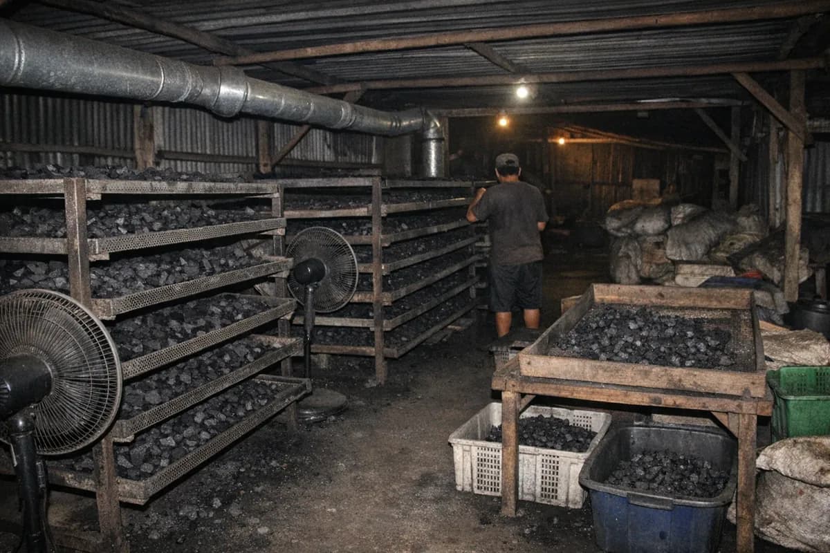 Perforated drying trays filled with dark coconut shell charcoal pieces on multi-tier racks in an Indonesian processing shed, stationary fans and a worker turned away in the distance.