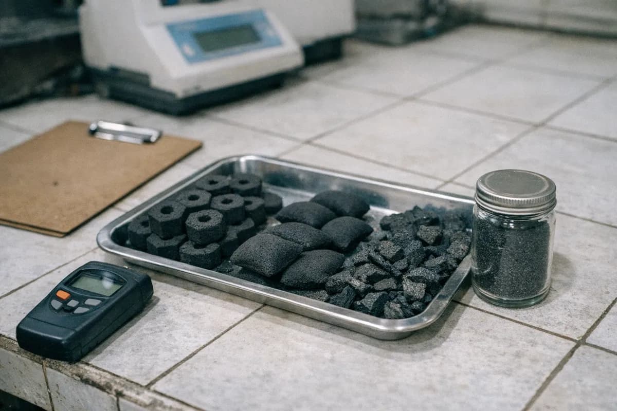Lab bench in Semarang with trays of coconut shell charcoal samples: hex and pillow briquettes, lump pieces and a fines jar, plus a handheld moisture meter.