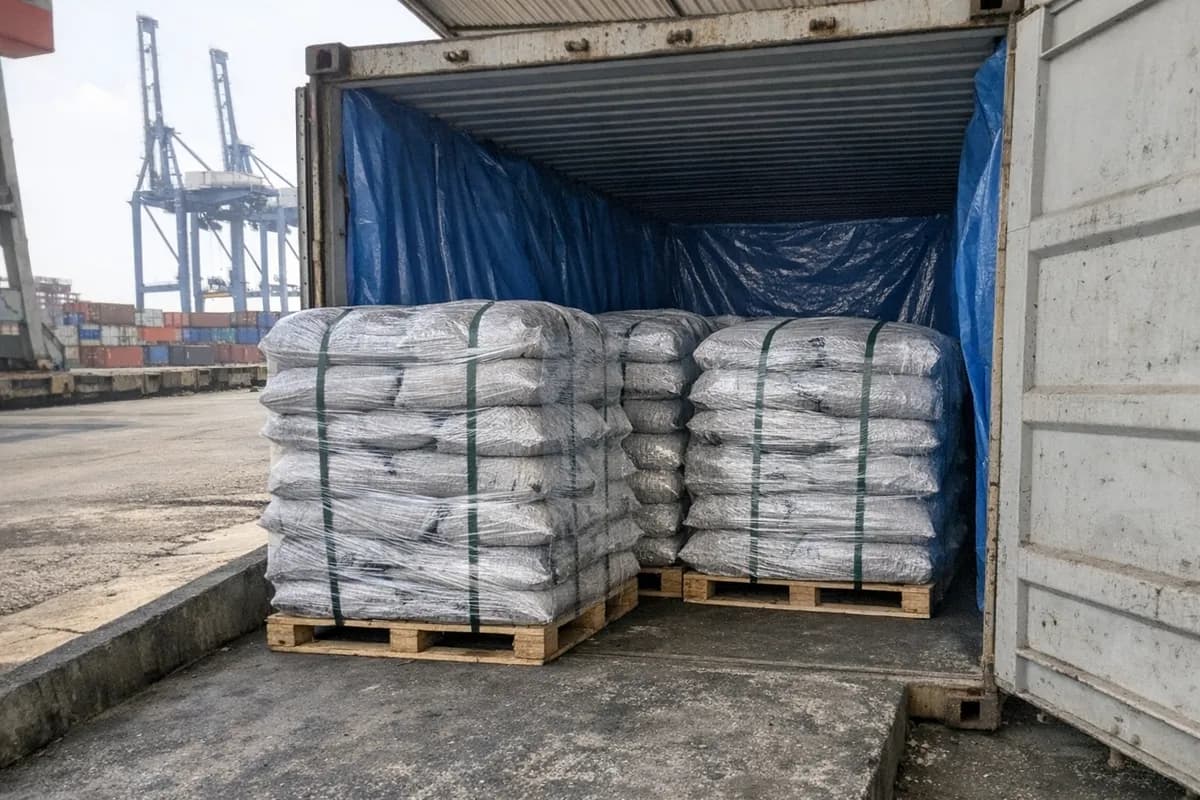 Open shipping container and pallets of woven PP bags of coconut charcoal with a blue container liner at a Jakarta export shed.