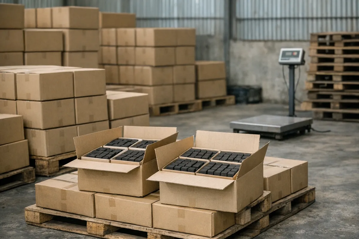Stacks of sealed master cartons and opened inner boxes showing tidy trays of small coconut shisha charcoal cubes in a Central Java factory warehouse, no people.
