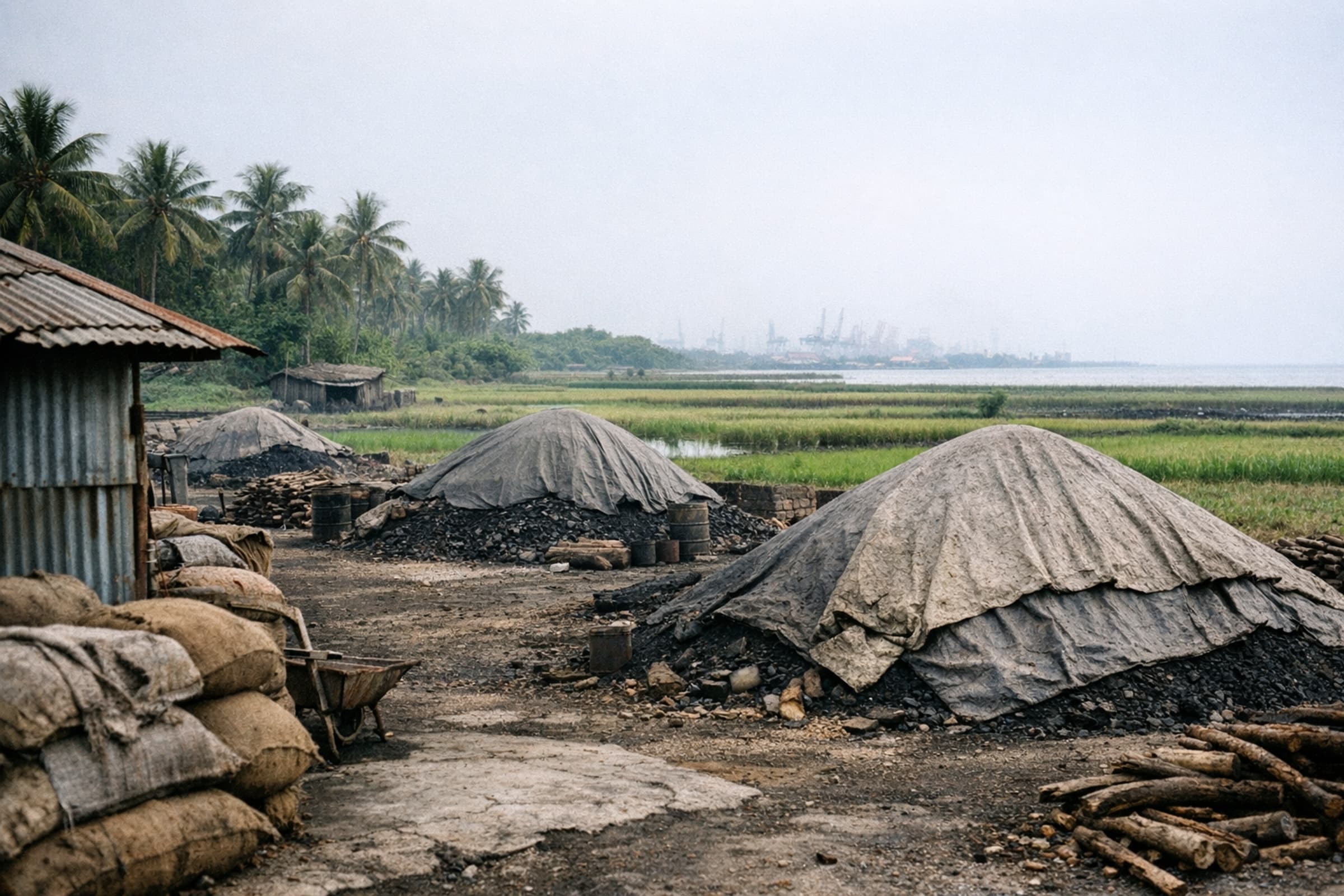 Coconut shell charcoal briquettes glowing as they cool on a drying rack in an Indonesian charcoal factory