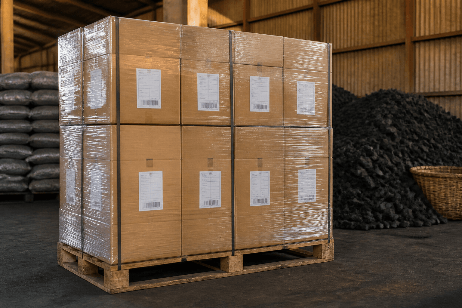 Shipper carton for inner boxes or hex packs. Batch marks, barcodes, and pallet labels agreed before production.